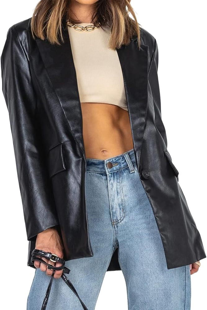 Pepochic Womens Oversized Leather Jacket Long Sleeve Faux Leather Blazer Lapel Button Down Leathe... | Amazon (US)