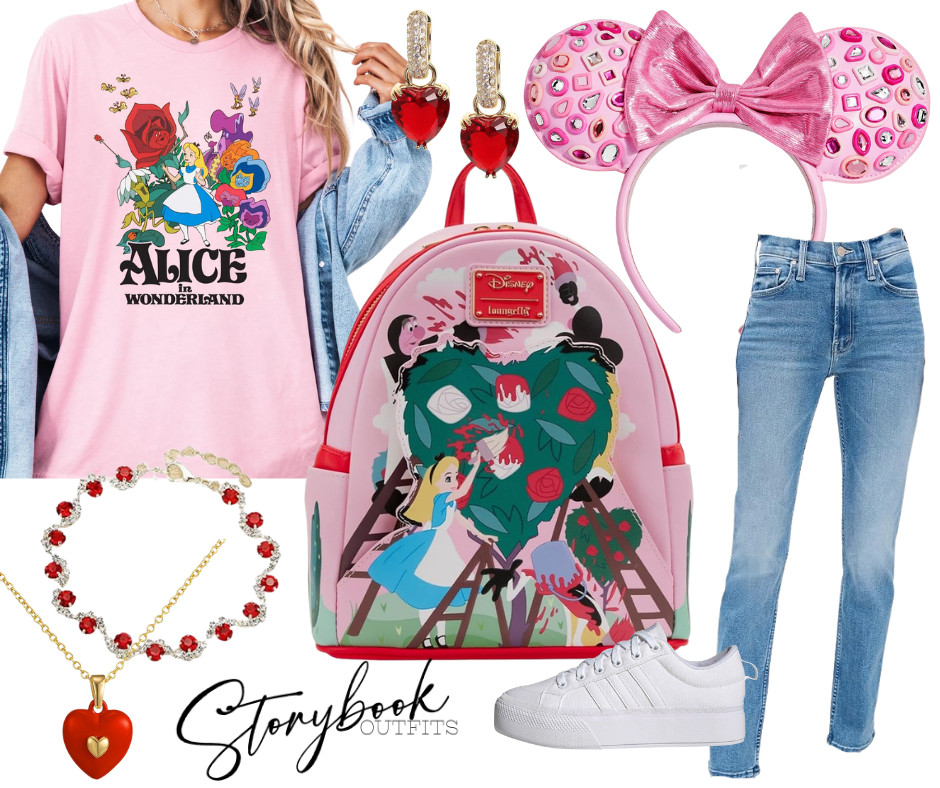 A Wonderland Valentine look featuring an Alice tee, rose-garden Loungefly, sparkling pink ears, heart jewelry, classic denim, and comfy white sneakers — playful, romantic, and made for magical park days.

Perfect for Disney Valentine trips, Alice lovers, or anyone who believes in a little Wonderland magic! 

 #LTKTravel