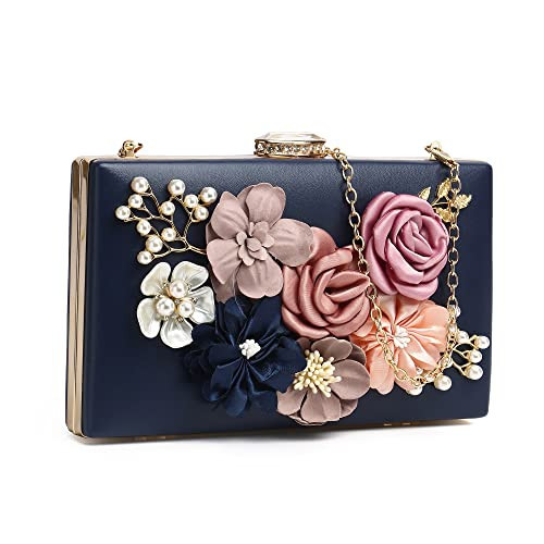 fannos Floral Clutch, Women's Leather Handbag, 3D Flower Purse, Blush, 7.85*5.12*1.97 inches, for Wedding, Bridal, Evening, Party, Navy Blue | Amazon (US)