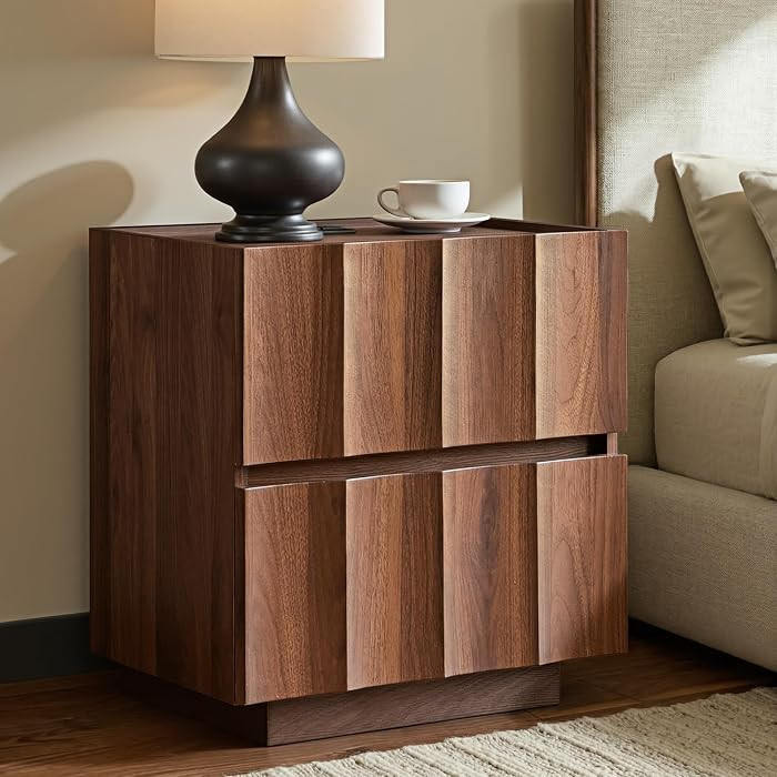 win2win 20.5" Fluted Nightstand with Charging Station, Walnut | Amazon (US)