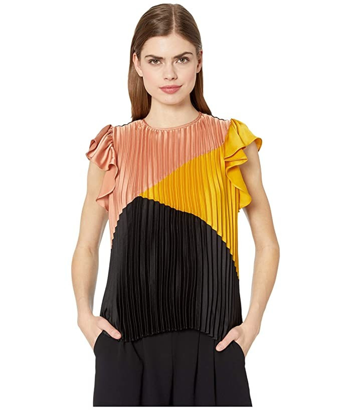 1.STATE Color-Block Pleated Flutter Sleeve Blouse (Rich Black) Women's Clothing | Zappos