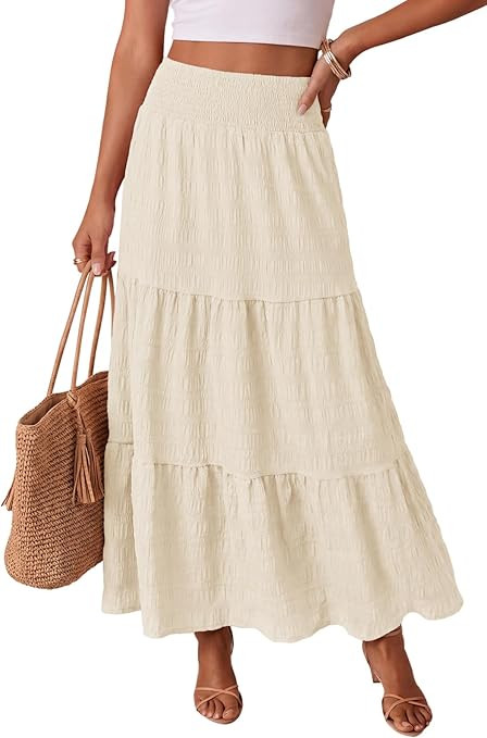 Women's Boho Maxi Skirts 2026 Summer Smocked Tiered A Line Long Flowy Beach Vacation Skirt with P... | Amazon (US)