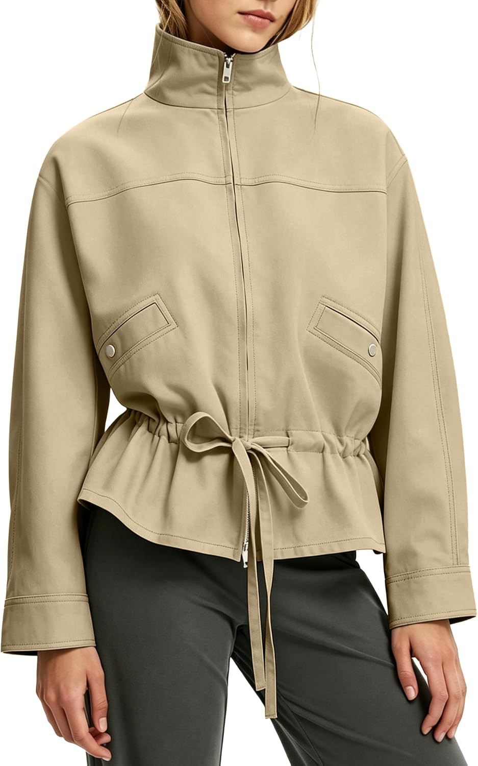 Womens Drawstring Waist Funnel Neck Jacket Casual Peplum Hem Coat | Amazon (US)