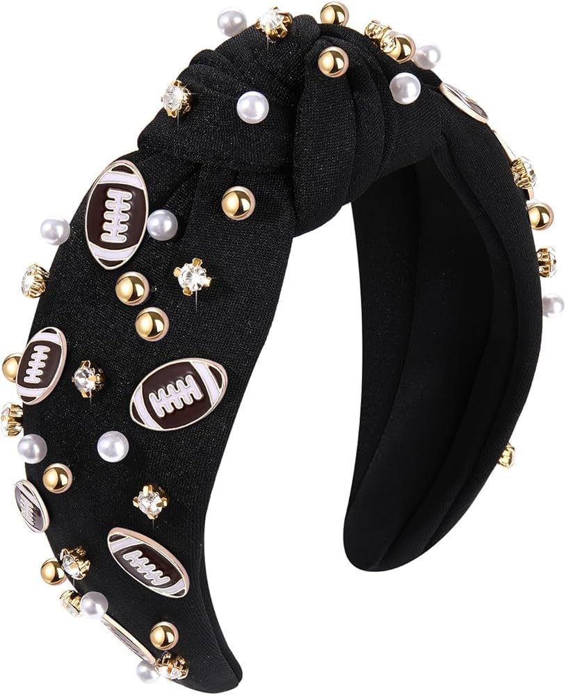 Football Headband Pearl Rhinestone Jeweled Knotted Headband Fun Sports White Hot Pink Black Blue ... | Amazon (US)