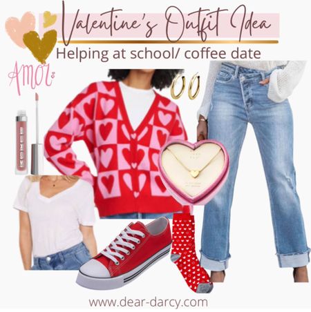 Outfit idea  for Valentine’s Day 💕♥️💋
Target & Amazon finds

♥️💕Red pink sweater cardigan 
Fits tts

Darling  cross over front denim jeans fits tts with cuff bottom 

Red converse tennis shoes

Cute heart socks 

White v neck sweaterr

Heart necklace 

Buxom lip plumper in color sugar 


#LTKfindsunder50 #LTKstyletip #LTKGiftGuide