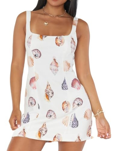 Women Boho Graphic Mini Dress Y2k Seashell Spaghetti Strap Backless Short Dresses Flowy Ocean Sleeveless Beach Dress | Amazon (US)