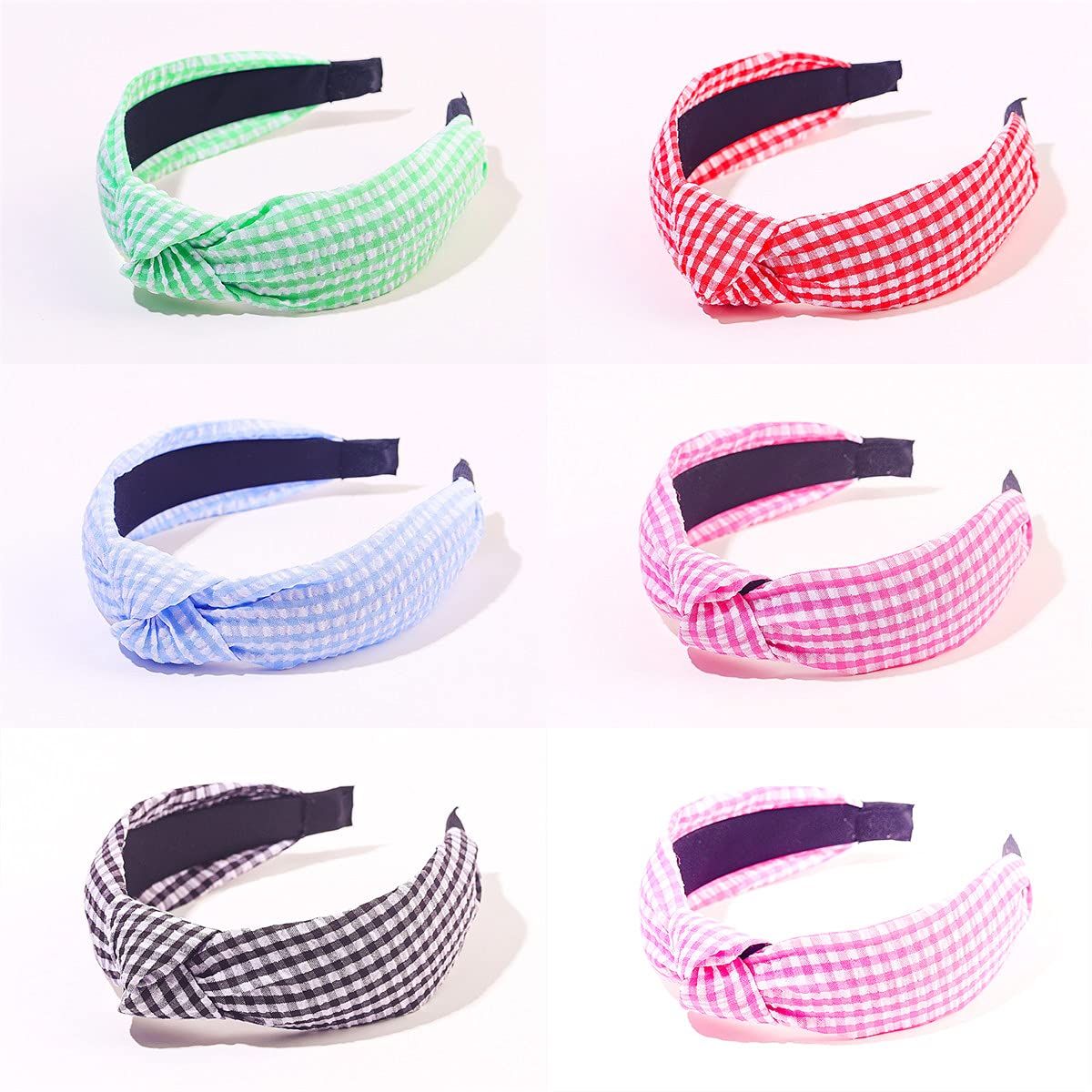 6 Pieces Seersucker Knotted Headbands for Women Striped Gingham Plaid Hairband Elastic Wide Hair ... | Amazon (US)