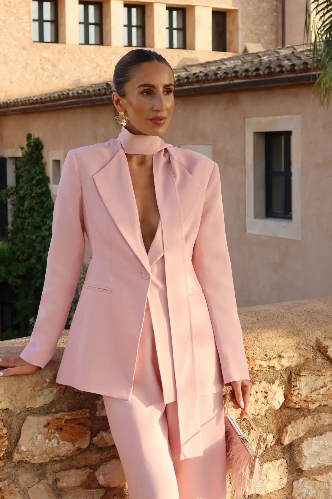 Compact Stretch Viscose Tie Neck Tailored Blazer | Karen Millen