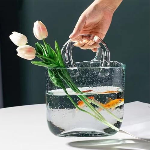 Glass Vase with Elegant Purse Design, Hand Purse vase with Fish Bowl, Unique Flower Vase with Handle and Bubbles - for Home Decor/Office/Garden/Wedding Decor/Enterpiece/Events(Transparent) | Amazon (US)