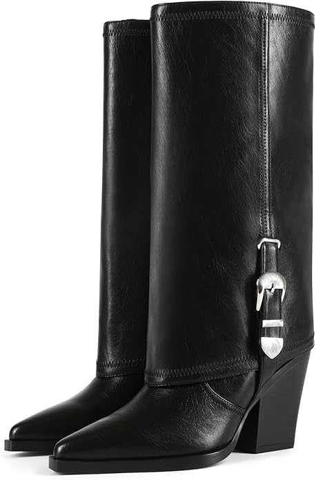 Women's Knee High Boots Pointed Toe Chunky Heel 9CM Mid Calf Boots With Buckle Decoration Fashion... | Amazon (US)
