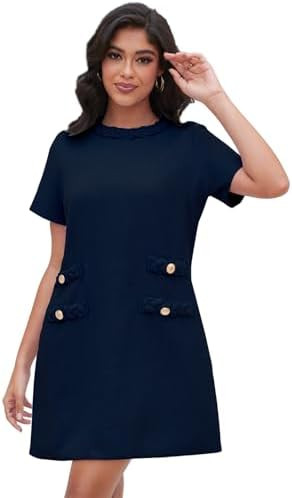Ladyful Womens Tweed Jackie Dress Short Sleeve Elegant Crew Neck Business Party Vintage Button Bo... | Amazon (US)
