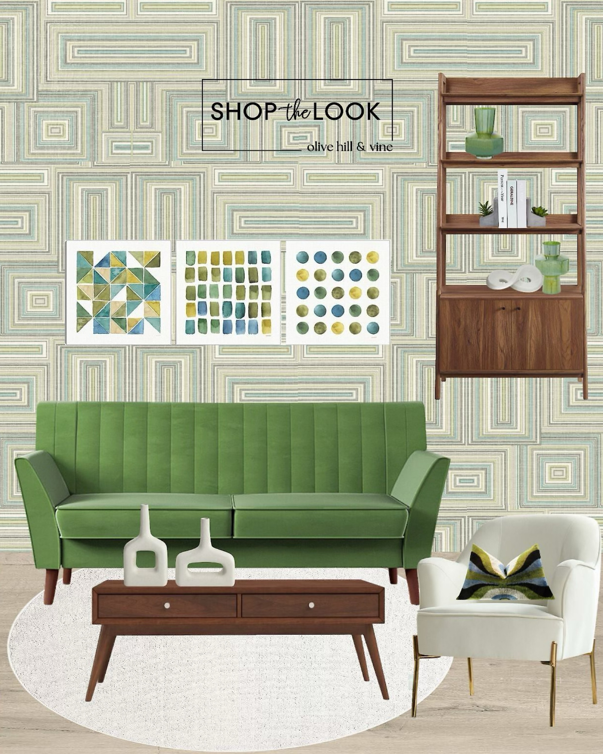 Dive into the bold charm of our lime green retro mid-century modern living room. Geometric patterns abound, from the wallpaper to the blue and green watercolor art trio. The centerpiece? A lime green velvet sofa with flared arms and tufting, perfect for your modern vibe. 

#LTKHome #LTKFamily #LTKStyleTip