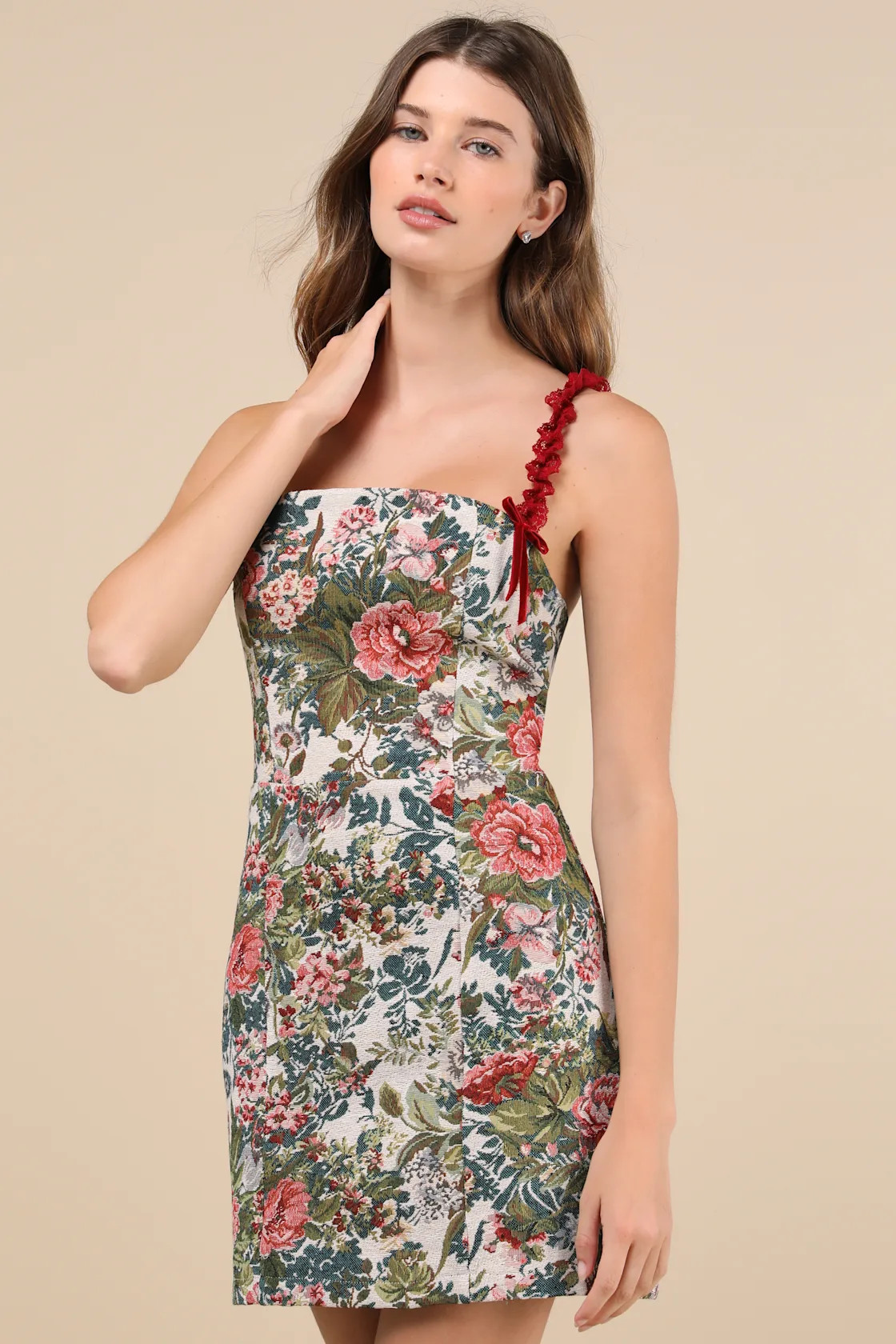 Dreamy Composure Beige Multi Floral Jacquard Lace-Up Mini Dress | Lulus
