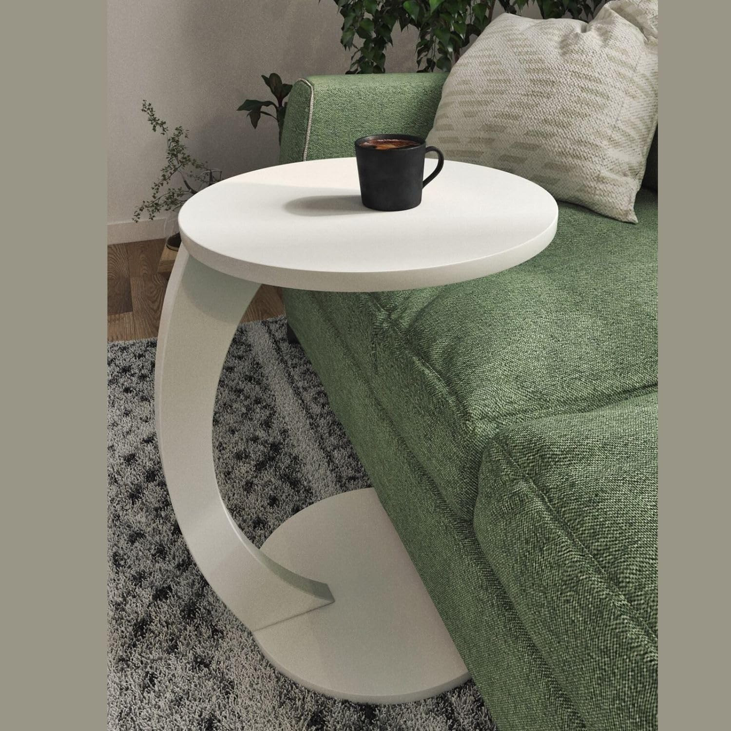 C Shaped End Table for Couch Small Places, Space Saver Round Side Table for Sofa and Bedside with Wheel, Coffee and Eating Snack Time Tray for Living Room, Office (White) | Amazon (US)