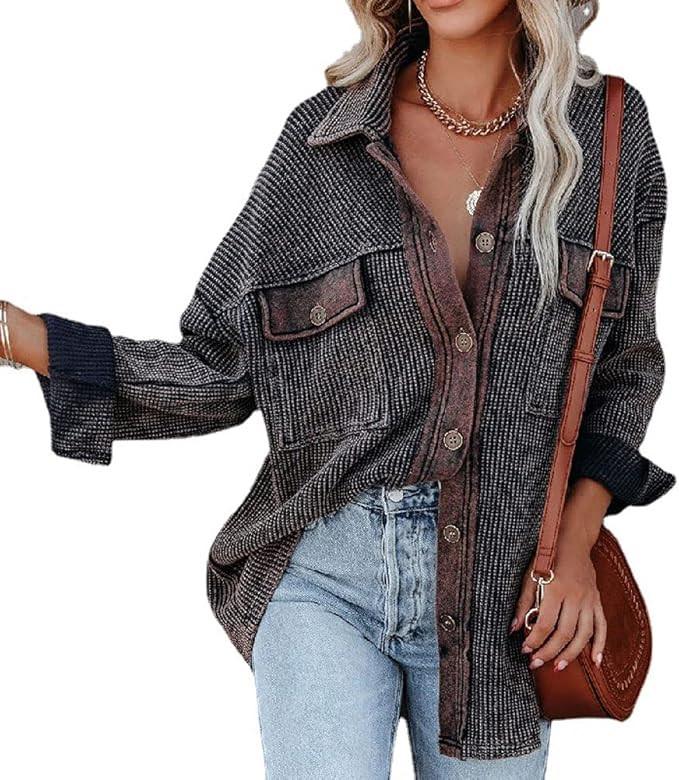 chouyatou Women's Vintage Spread Collar Waffle Knit Button Down Shirt Shacket Jacket | Amazon (US)