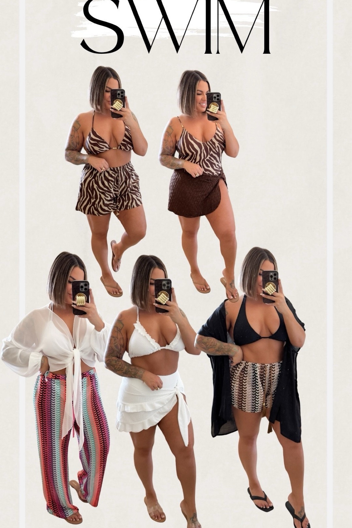 Zebra one piece L 
Zebra top xl 
Zebra shorts sized up to xl for relaxed fit 
White bikini with skirt 1x 
White bikini xl 
White tie top xl 
Pants xl 
Shorts xl 
Black cover up s/m it’s very oversized. 
Brown skirt was part of a set also xl 
Linked a few more brown cover ups as well for the zebra suits

Follow my shop @shaynaslife on the @shop.LTK app to shop this post and get my exclusive app-only content!

#liketkit 
@shop.ltk
https://liketk.it/6ejIH