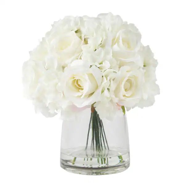 Pure Garden Hydrangea and Rose Floral Arrangement with Vase - Cream - 10 x 10 x 11.5 | Bed Bath & Beyond