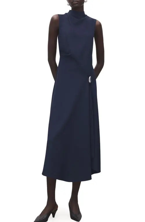 MANGO Mock Neck Midi Dress in Dark Navy at Nordstrom, Size 4 | Nordstrom
