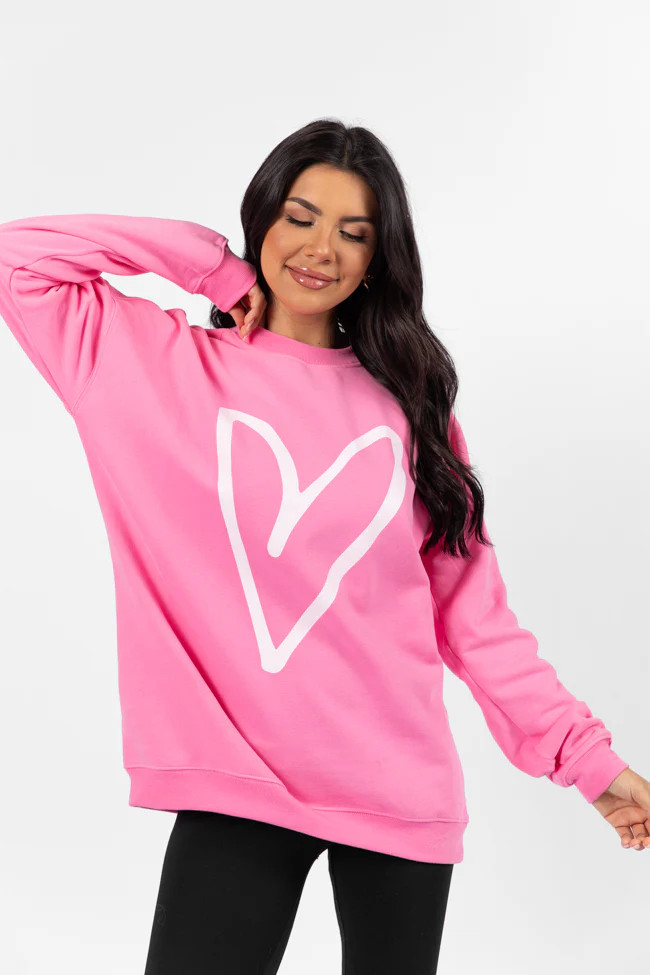 Heart Sketch Pink Oversized Graphic Sweatshirt | Pink Lily