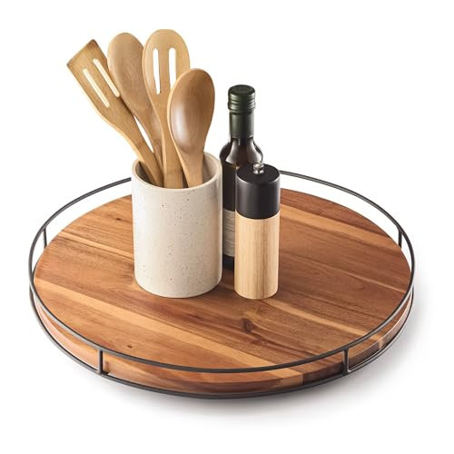 TIDITA 18" Acacia Wood Lazy Susan Turntable with Metal Frame - Large Brown Lazy Susans Organizer Countertop Storage - Wooden Serving Tray for Charcuterie Cheese Board - Kitchen Counter Rotating | Amazon (US)