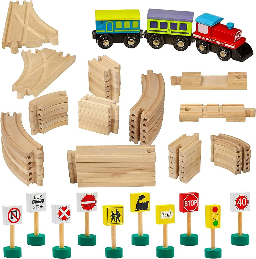 Dragon Drew Wooden Toy Train Tracks | 65 Piece | Tracks, Train, and Street Signs | Fits All Major... | Amazon (US)