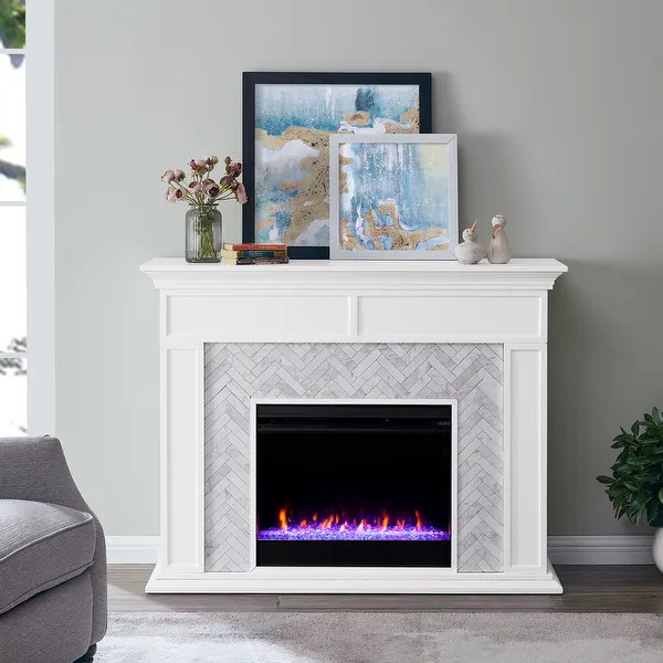 SEI Furniture Torton Contemporary Color Changing Electric Fireplace with Marble Tiled Mantel | Bed Bath & Beyond