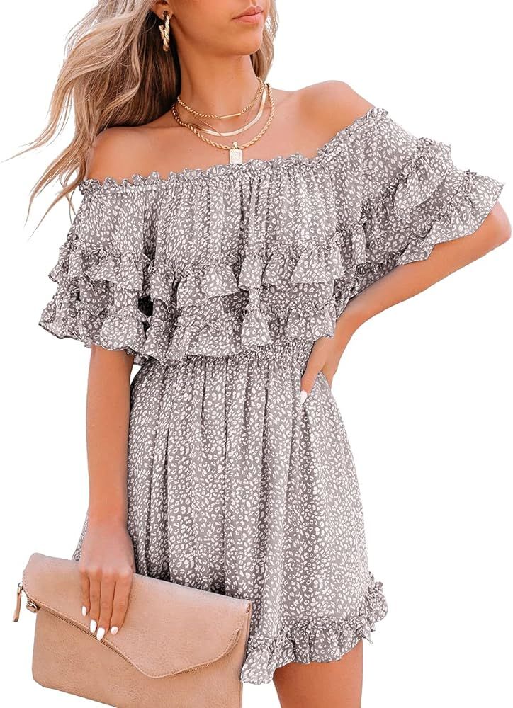 Fazortev Womens Summer Off Shoulder Print Ruffle Dress Casual Elastic Neckline Smocked Waistband ... | Amazon (US)