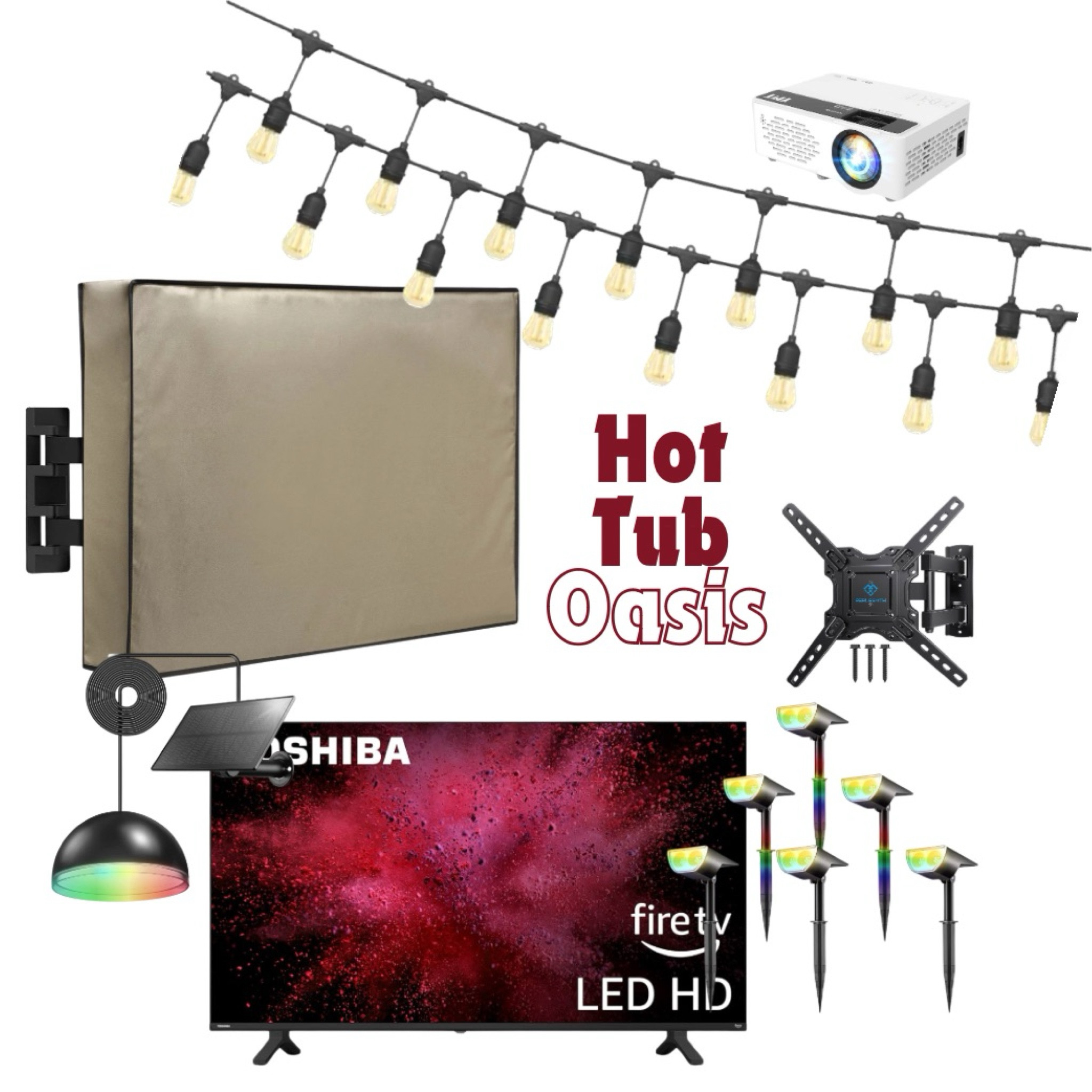 Getting my hot tub area on our backyard deck ready for football! TV, projector, solar and french lighting!

#LTKHome #LTKParties #LTKSaleAlert