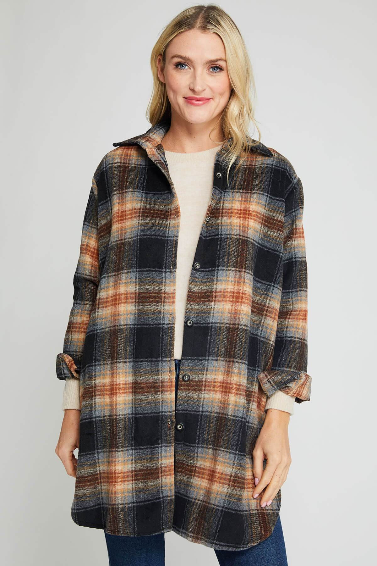 Adora Long Flannel Plaid Shirt/jacket (Shacket) / Black Plaid / Size Medium | Social Threads