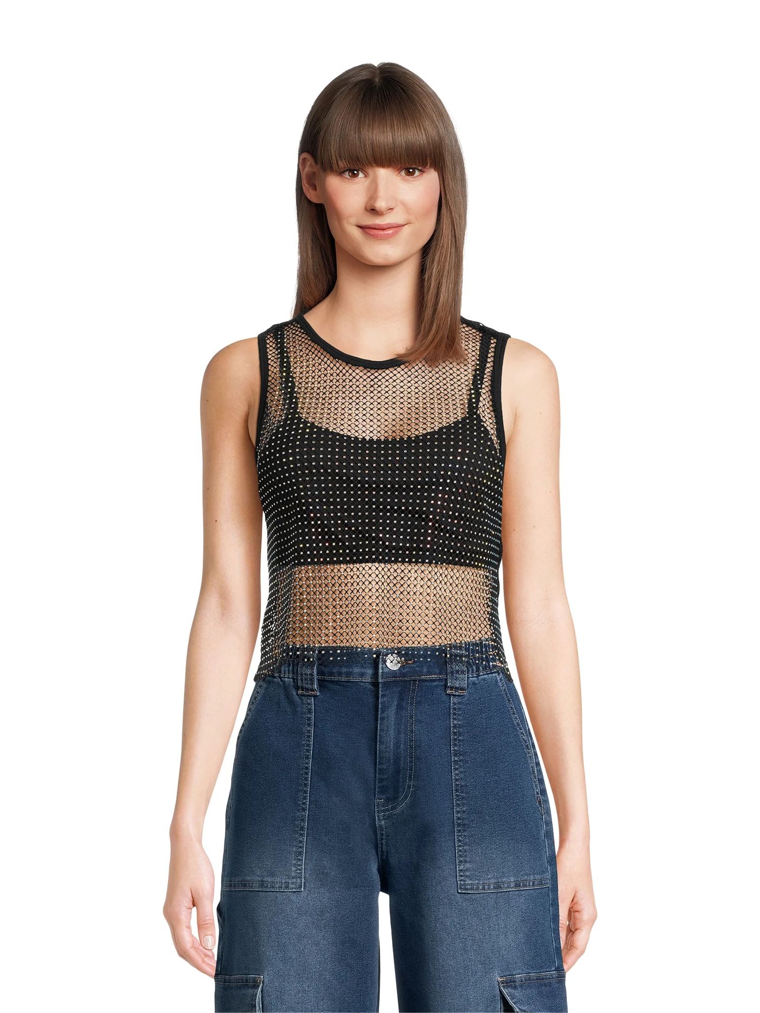 Madden NYC Juniors and Juniors Plus Rhinestone Mesh Tank Top, Sizes XS-4X | Walmart (US)