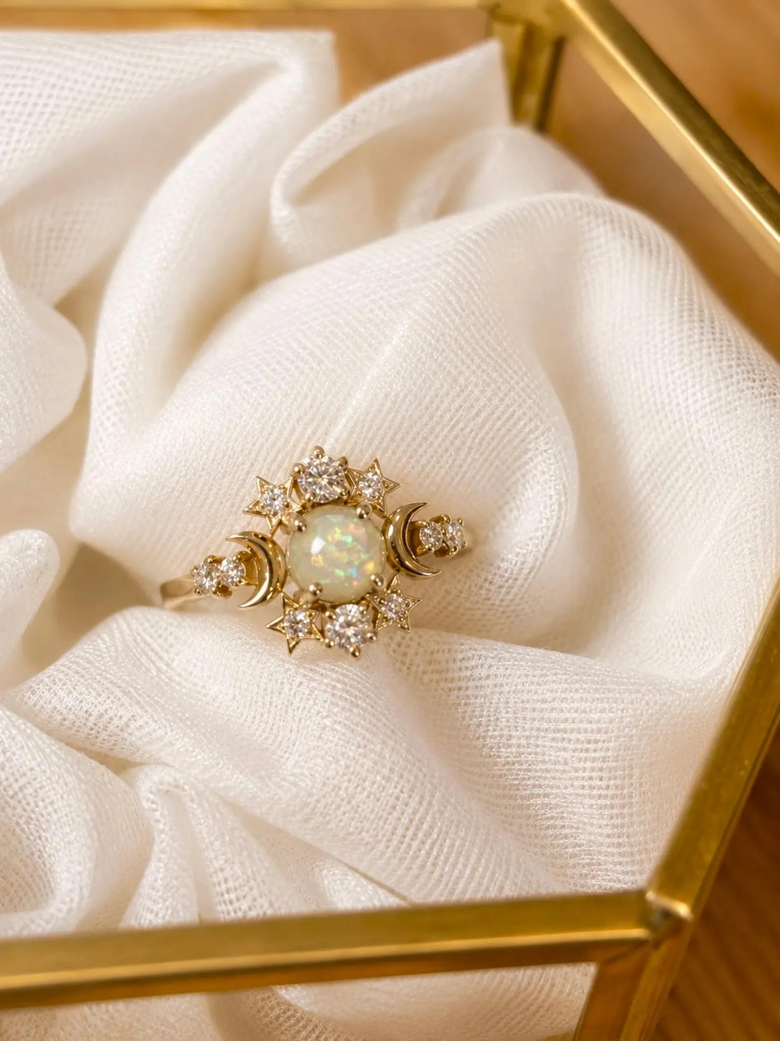 READY TO SHIP- Celestial Opal Moon Ring | 14k Yellow Gold, Diamond Accents | Etsy (Global)
