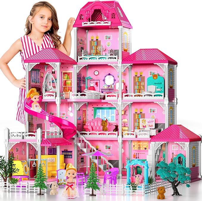 TEMI Doll House Girls Toys - 4-Story 12 Rooms Playhouse with 2 Dolls Toy Figures, Fully Furnished... | Amazon (US)