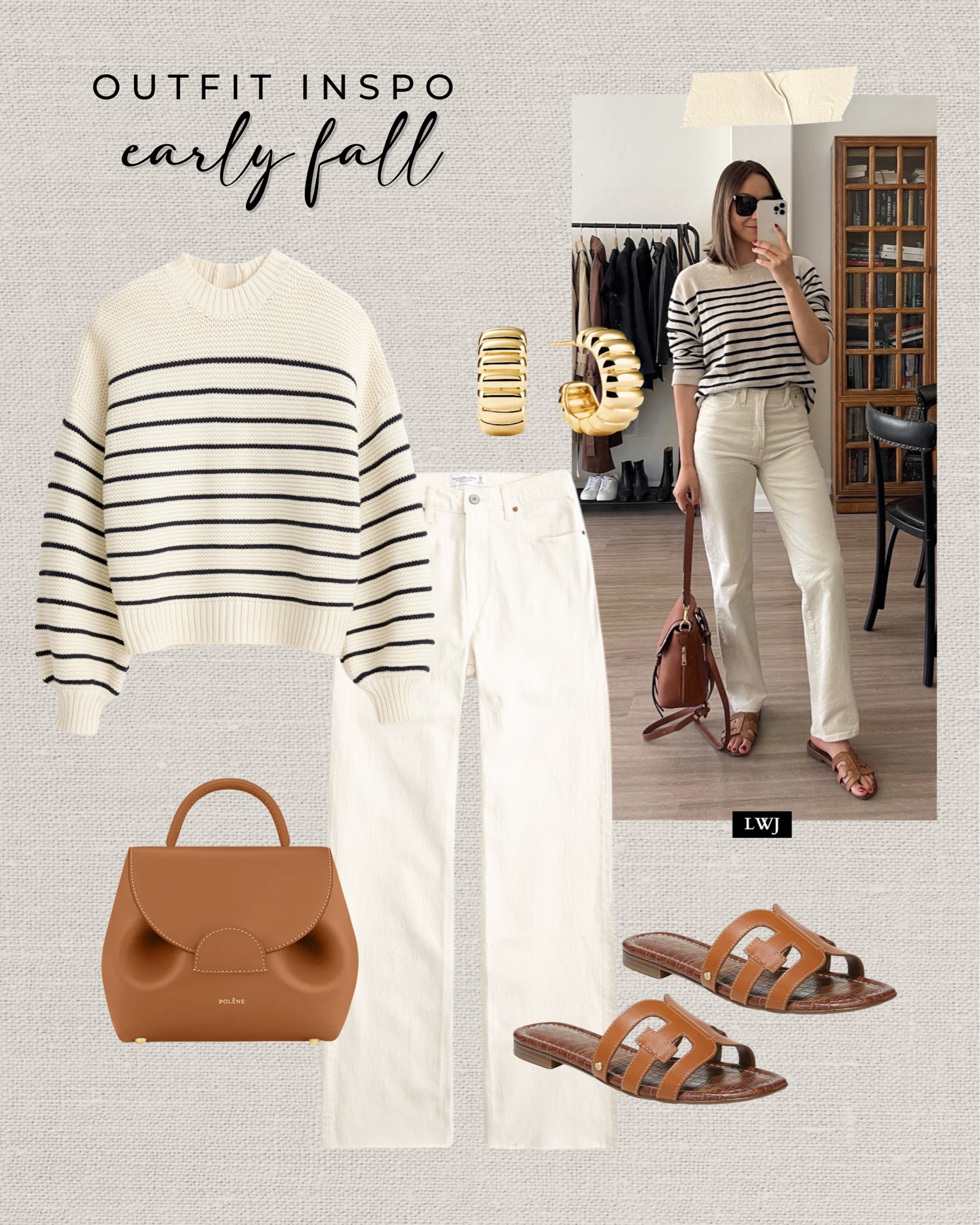 Outfit inspo: early fall 

Striped cashmere sweater/ white, relaxed jeans/ camel purse/ sandals/ casual style/classic style

#LTKSeasonal #LTKStyleTip