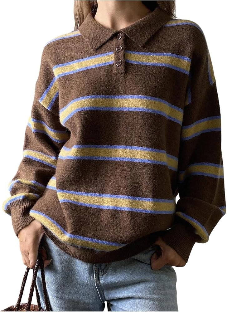 SweatyRocks Women's Striped Collared Sweaters Oversized Long Sleeve Trendy Rugby Pullover Tops | Amazon (US)
