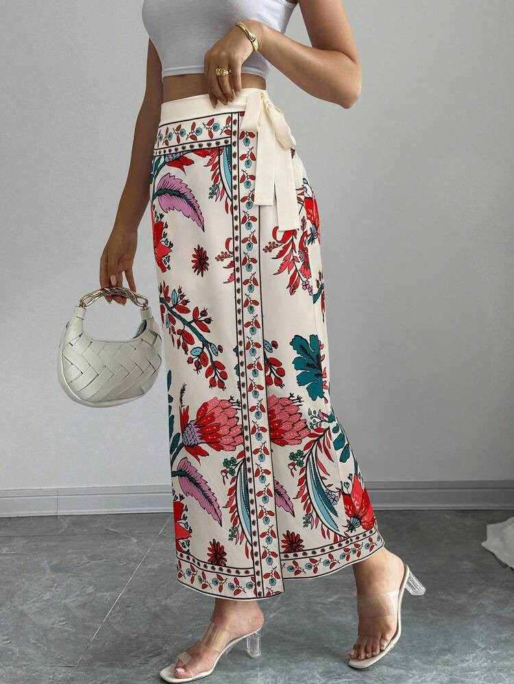 Elenzga Women's Summer Vacation Floral Print Wrap Tie Waist Skirt | SHEIN