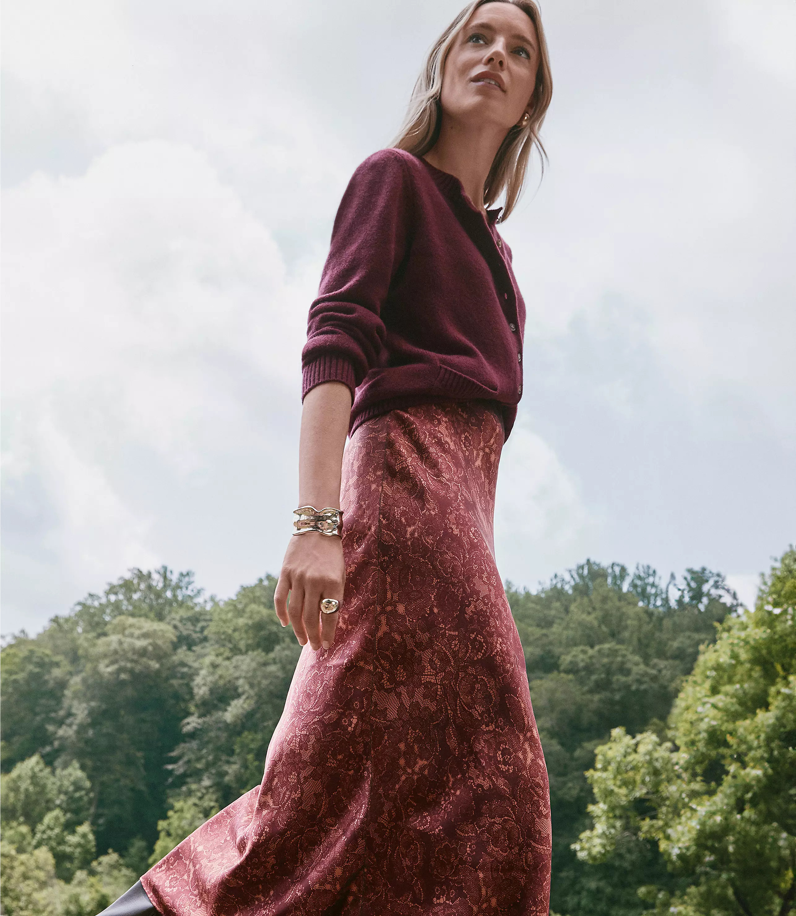 Floral Lace Print Satin Bias Maxi Skirt | LOFT