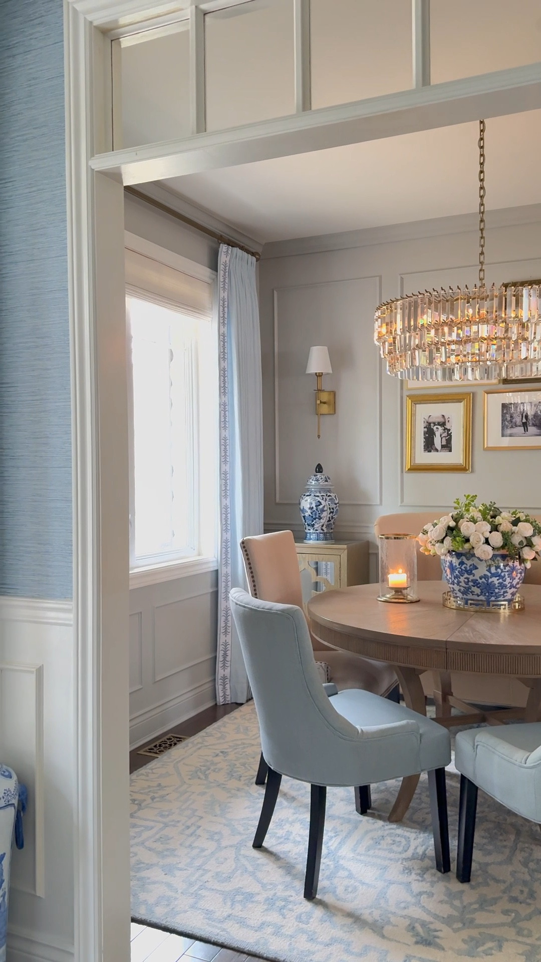 Chic and simple dining room details! Pretty florals, hurricane lanterns, mixed seating and chic light blue drapes and ginger jars💙 

#LTKHome