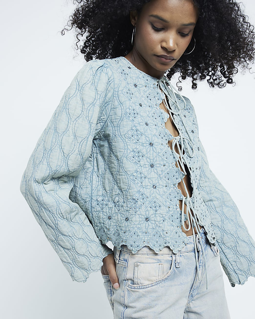 Blue sequin tie up quilted jacket | River Island UK & IE