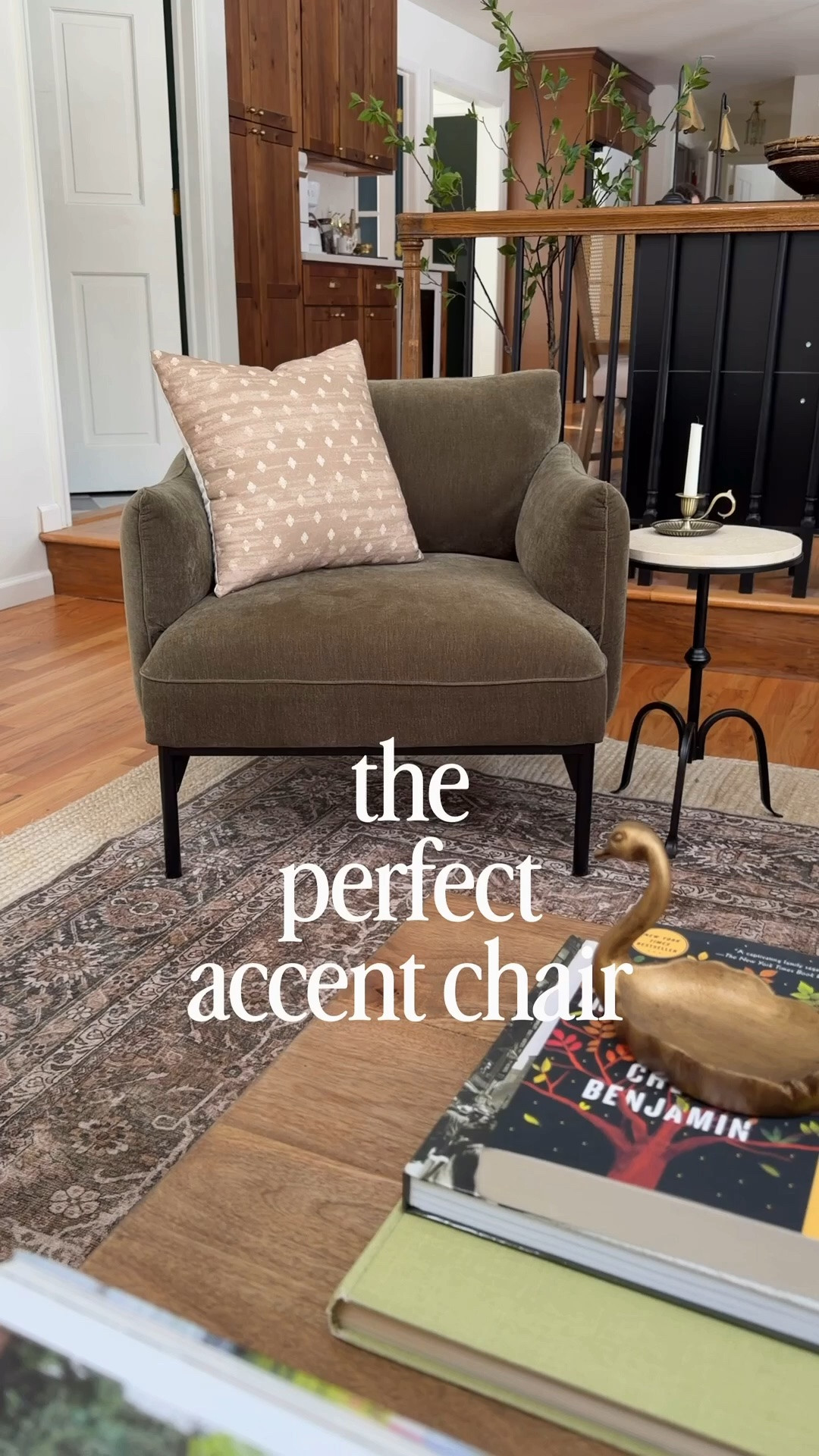 The perfect accent chair does exist
Fabric in the shade juniper 
Greenish brown