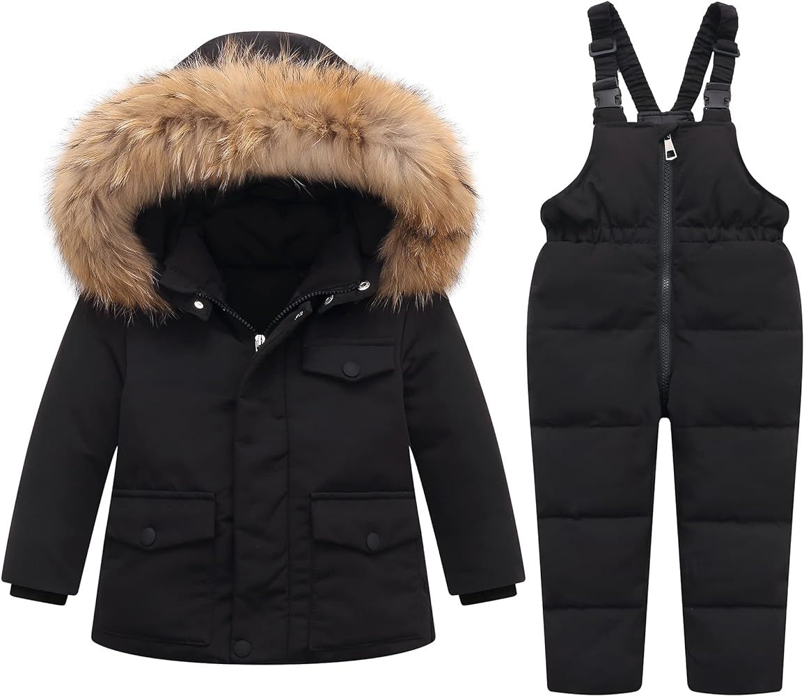 Toddler Girl Snowsuit 2Pcs Kids Down Jacket Winter Hooded Coat +Snow Bib Pants Kids Boys Windproof S | Amazon (US)