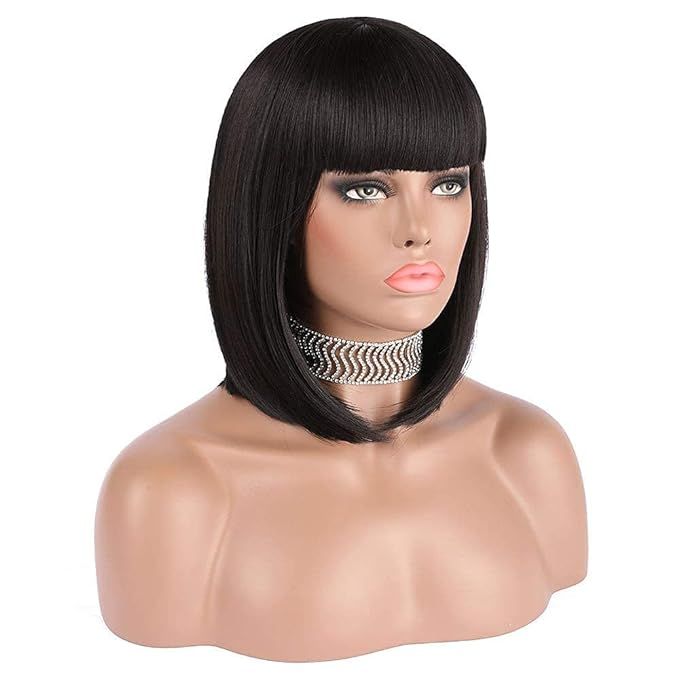 eNilecor Short Black Bob Wigs, 12" Straight with Flat Bangs Synthetic Colorful Cosplay Daily Part... | Amazon (US)