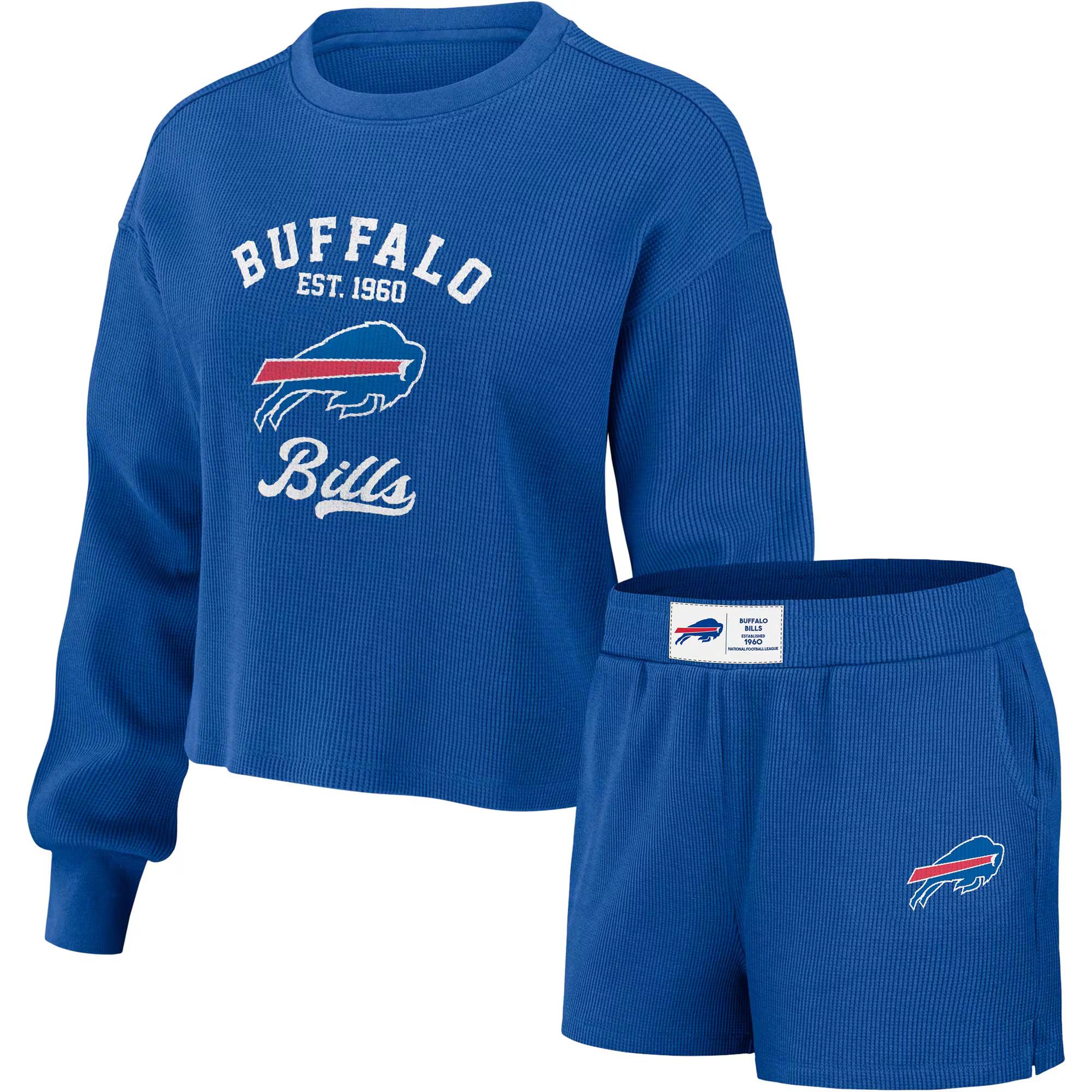 Women's Buffalo Bills WEAR by Erin Andrews Royal Waffle Knit Long Sleeve T-Shirt & Shorts Lounge ... | NFL Shop