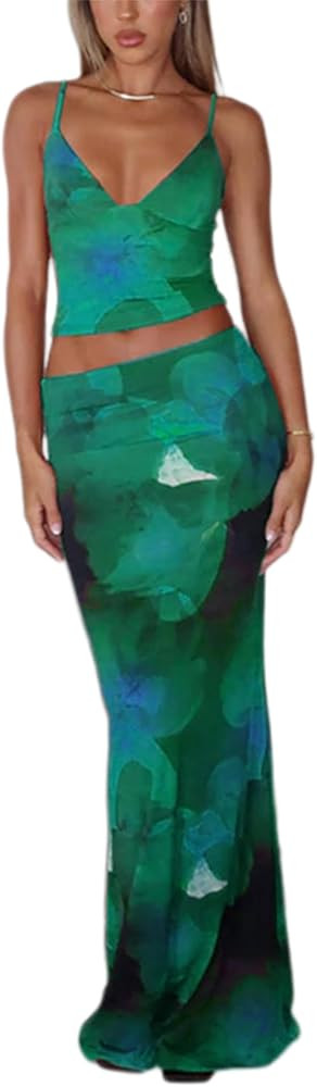 ksotutm Maxi Skirt Set Floral Print Halter Top Maxi Skirt Sexy Going Out Outfits for Women | Amazon (US)