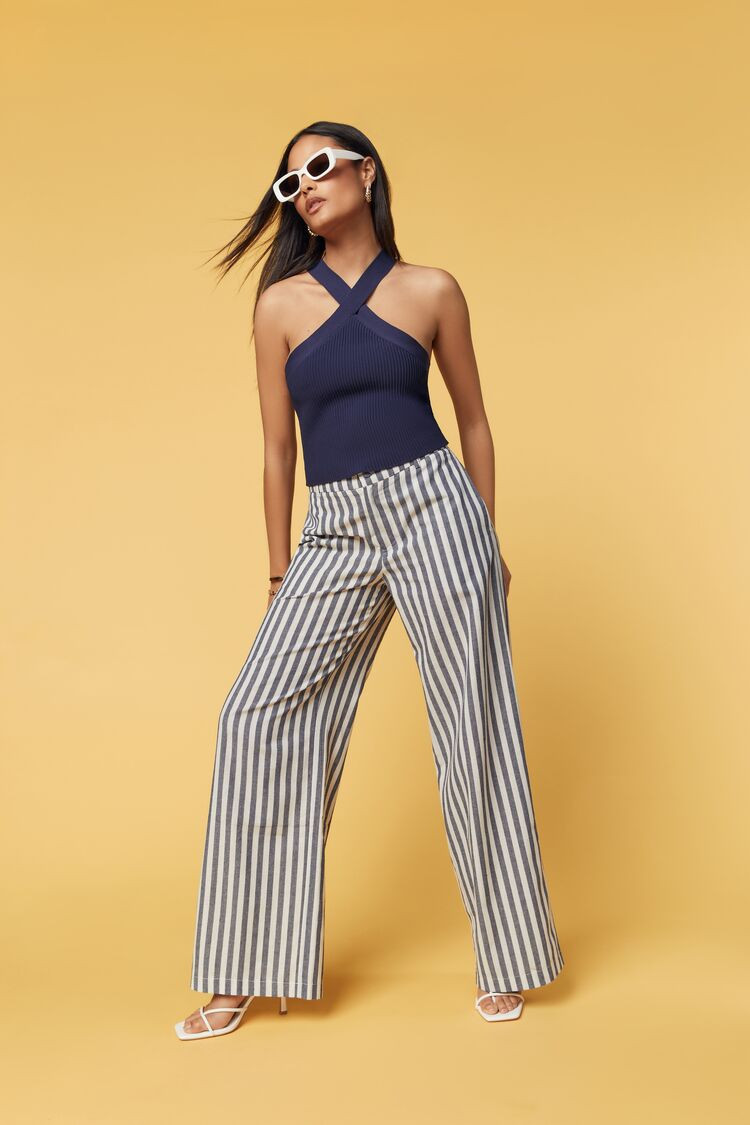 Women's Linen-Blend Striped Wide-Leg Pants in Navy/White Medium | Forever 21 (US)
