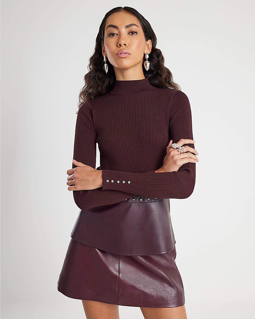 Red Knitted Studded Peplum Hem Top | River Island UK & IE