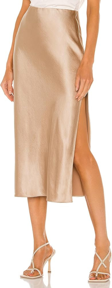 Womens Satin Silk High Waist Slit Midi Skirt Elastic Waistband Midi Skirts for Women | Amazon (US)