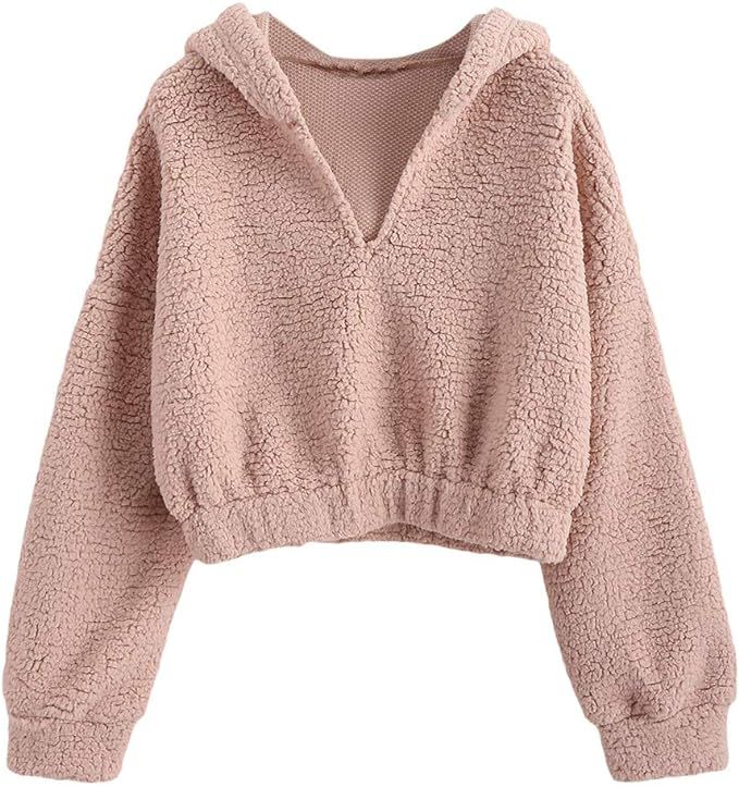 ZAFUL Women's Fuzzy Faux Fur Long Sleeve Pullover Crop Hoodie Sweatshirt | Amazon (US)