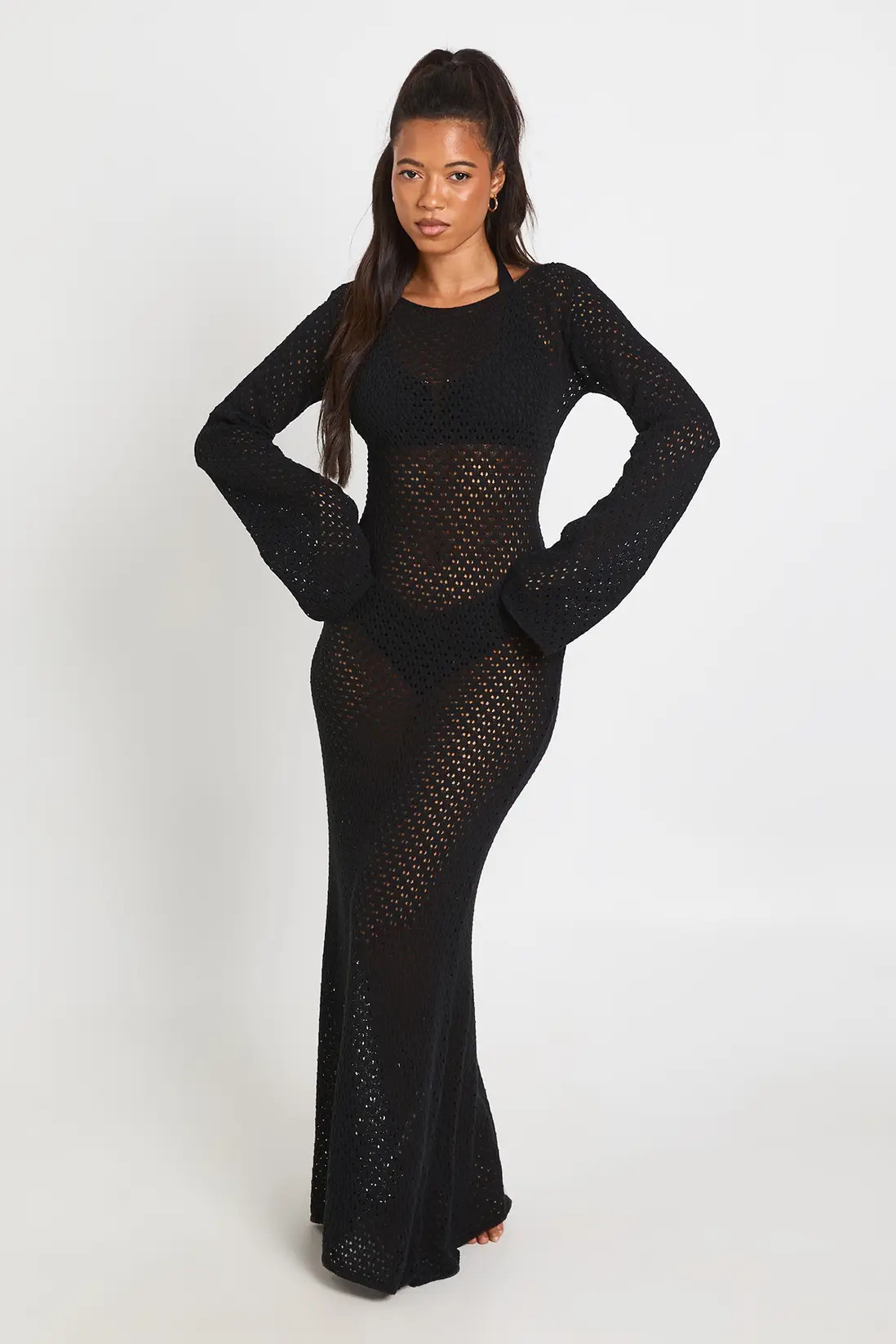 Black Long Sleeve Crochet Beach Dress | Boohoo | Boohoo.com (UK & IE)