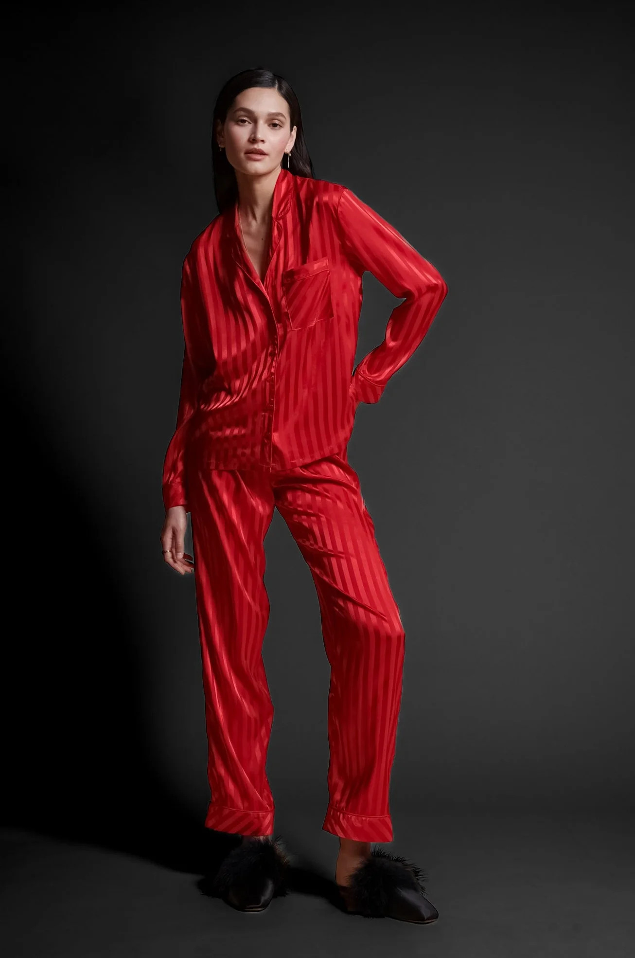 Satin Stripe Jacquard Pajama Set - Red | Rachel Parcell