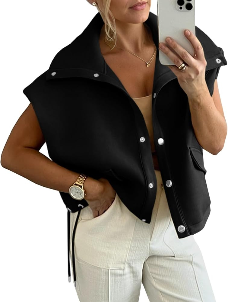 Cicy Bell Womens Fall Oversized Vest Cropped Button Down Cap Sleeve Lapel Collar Jackets Casual D... | Amazon (US)